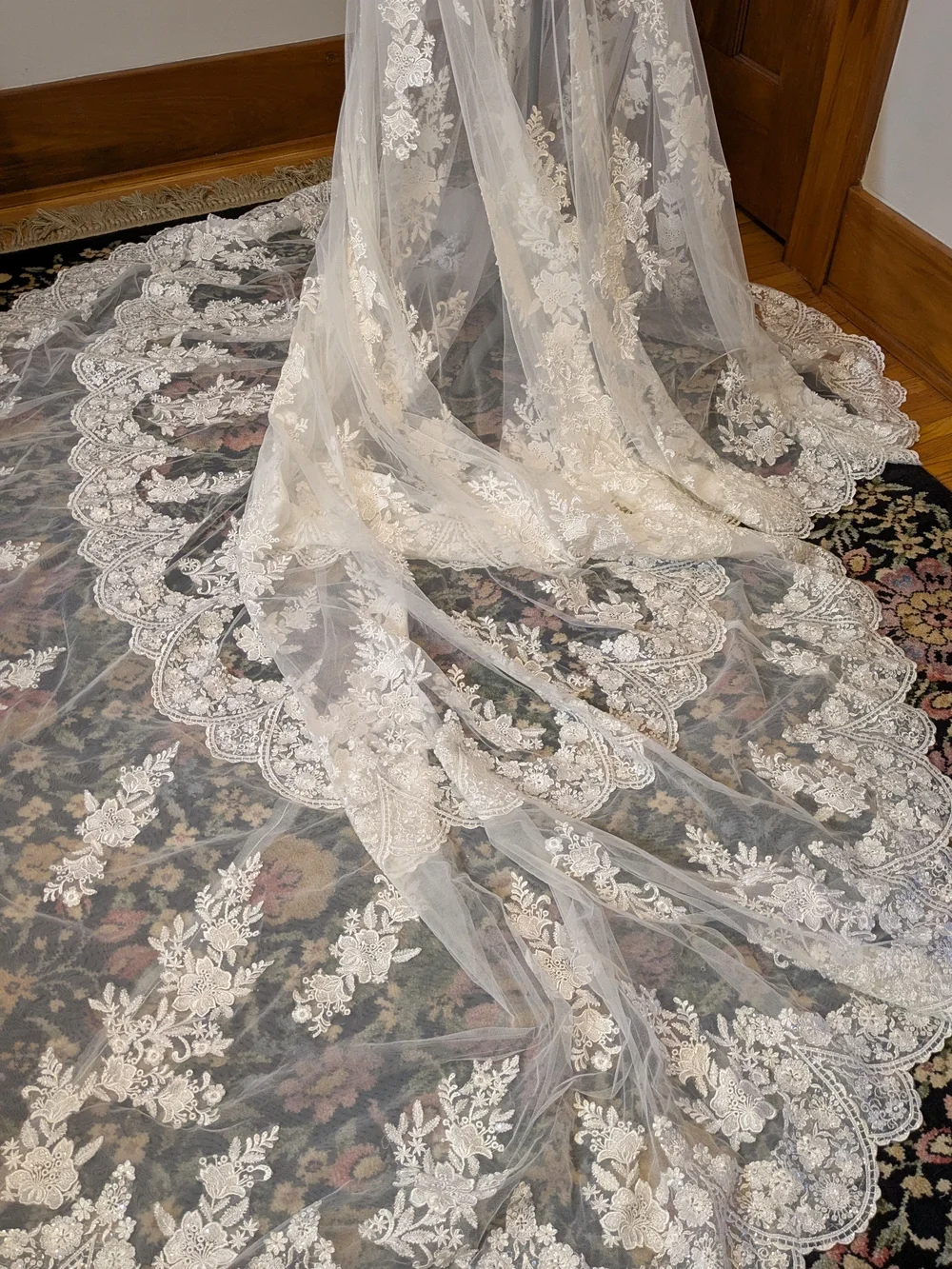 Ivory Beaded Bodice Bridal Overlay with Train and Floral Appliqué - Picture 3 of 12